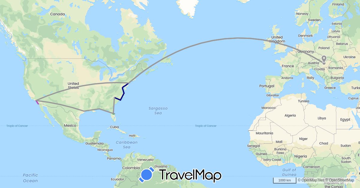 TravelMap itinerary: driving, bus, plane, train in Hungary, United States (Europe, North America)